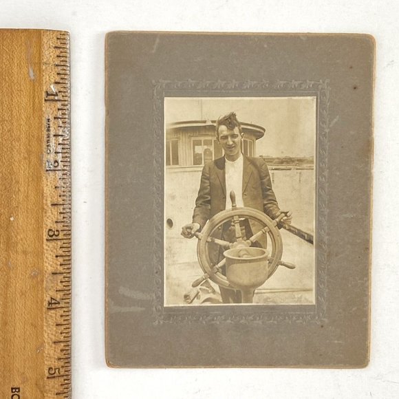 c1900 Cabinet Card Young Man At Ships Wheel Sepia Gel Silver Photograph 4x5in - Picture 4 of 5